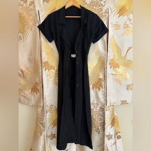 Posse 100% linen Black Short-Sleeve Button-Front A-line Midi Dress